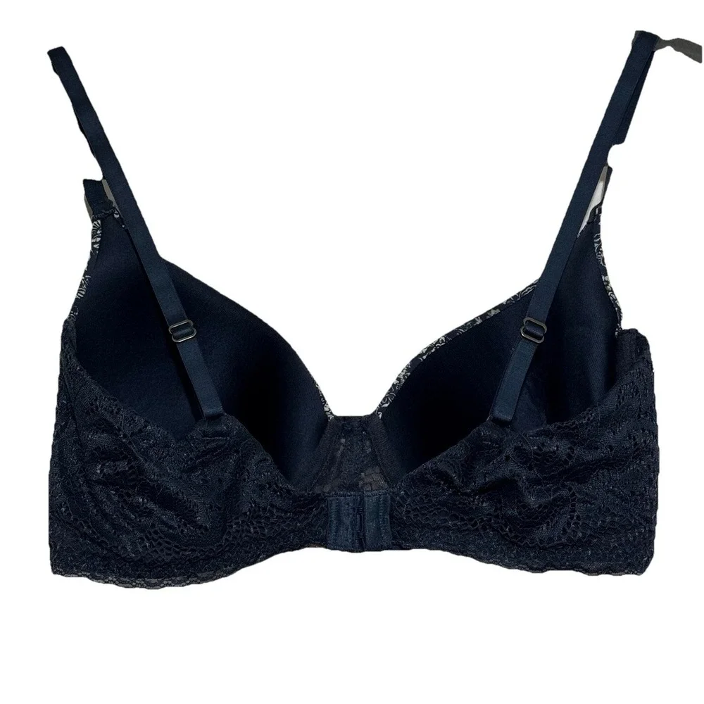 Lucky Brand Bra‎ 36C Navy Blue Paisley Underwire Contour Padded Lace Mesh Trim